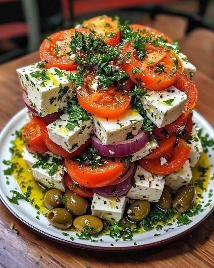 Healthy Greek Salad Tower with Feta Cheese